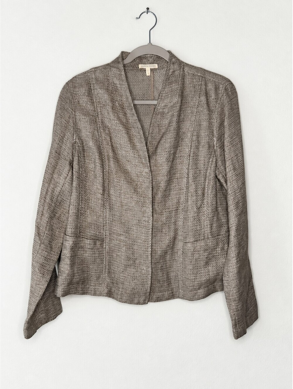 Eileen Fisher Organic Linen Cotton Basket Weave Snap Jacket Taupe M